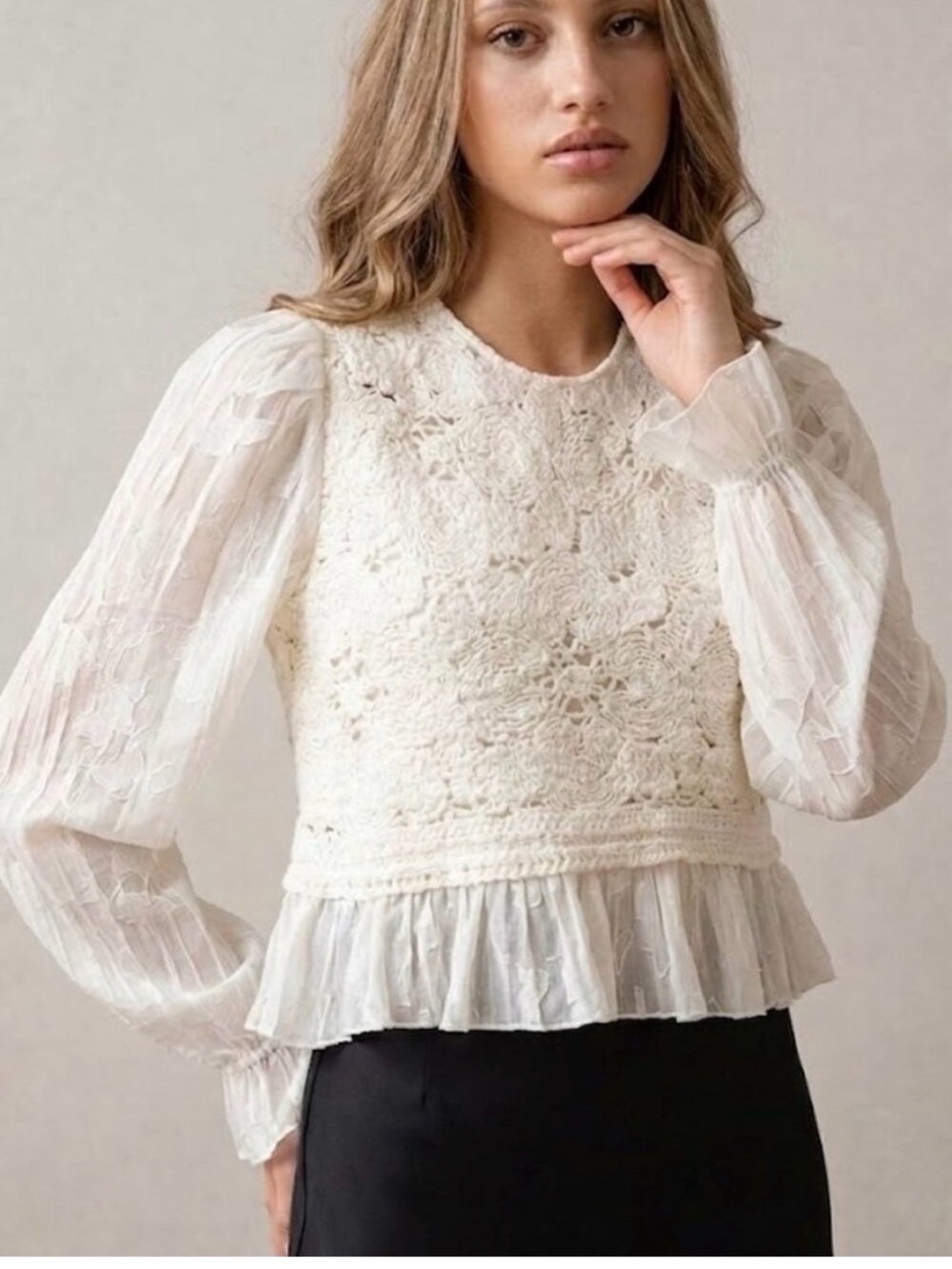 Zara Cream Crochet Lace Peplum Blouse